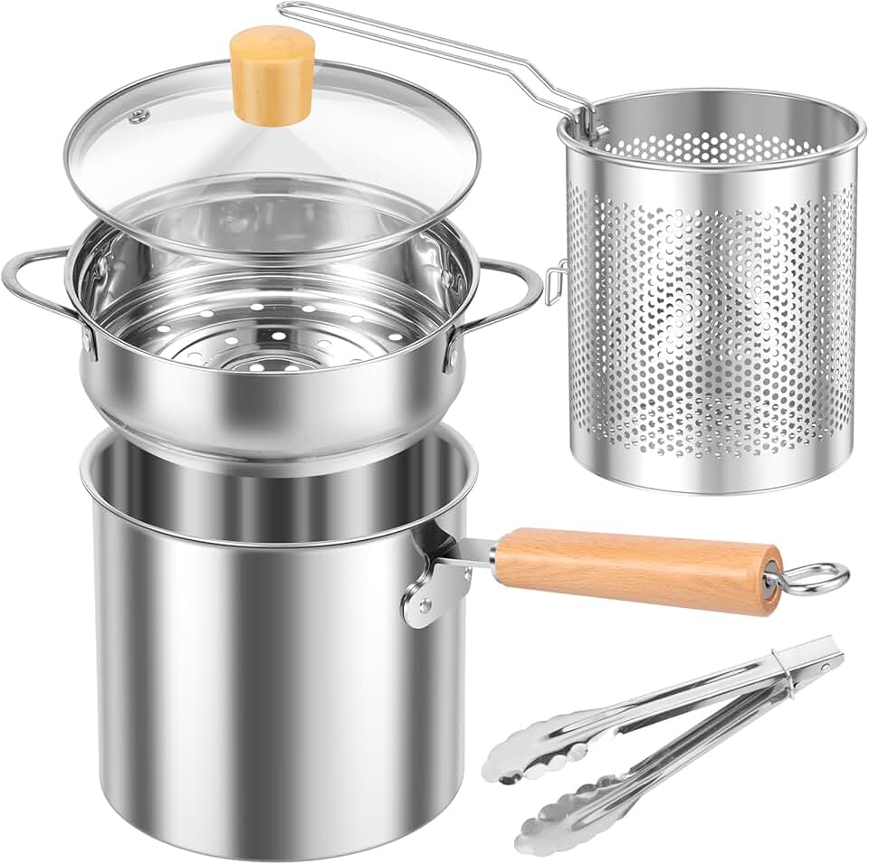Frigideira profunda, panela de fritadeira de aço inoxidável com cesta e tampa, 3L/2,863.3 g fritadeira antiaderente, fritadeira tempura para fritar peixe, camarão, frango e batatas fritas