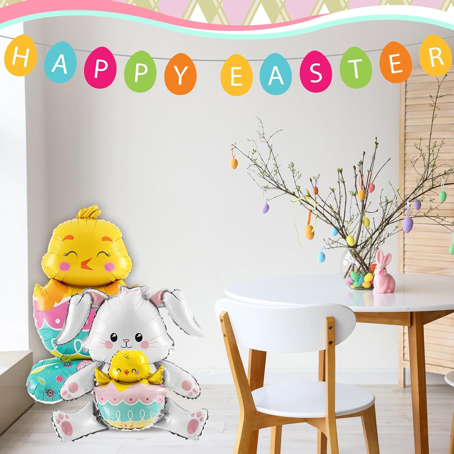 Cinnvoice 4 Pcs Large Size Easter Balloons Bunny Rabbit Chicken Egg Shaped Foil Balloons with Base Standing for Happy Easter Birthday Home Spring Baby Shower Animal Themed Party Decorations