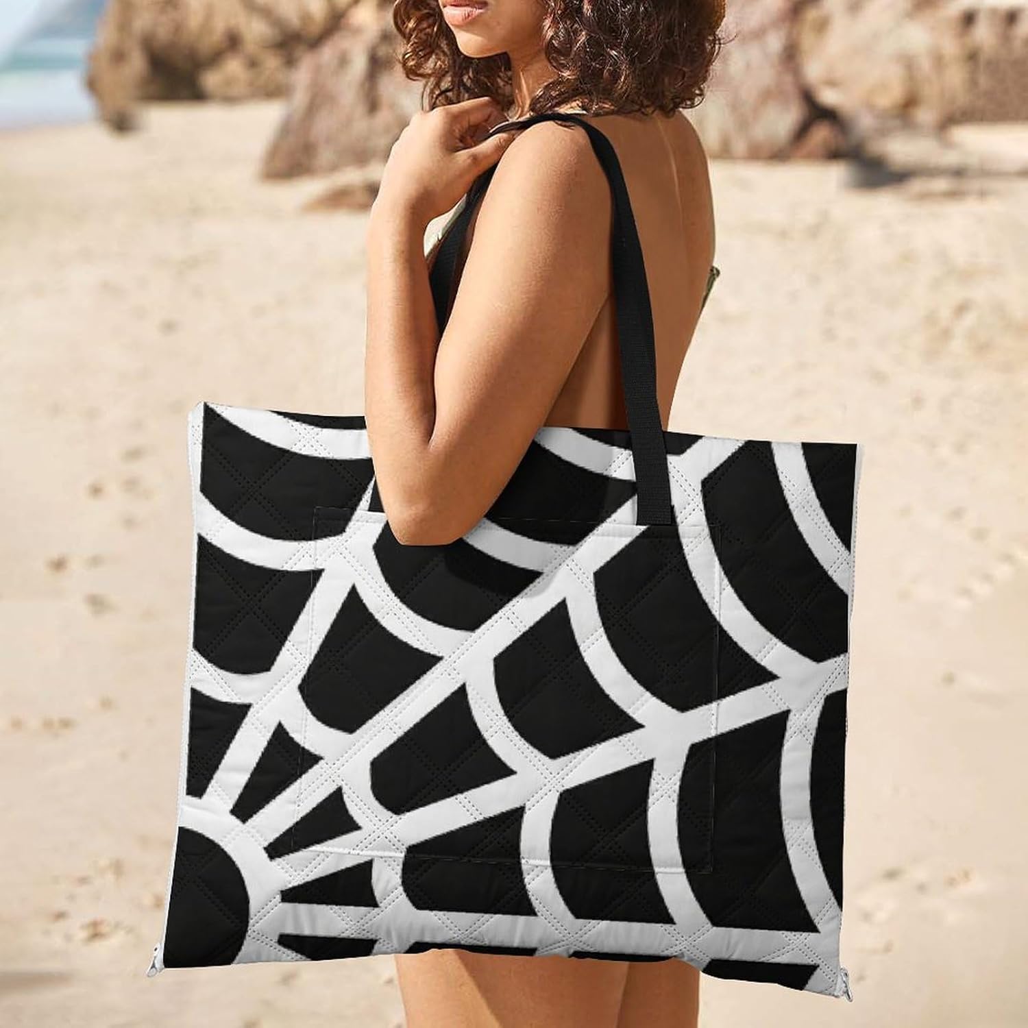 Spider Web Picnic Blanket 150x100cm, Foldable 2-in-1 Picnic Mat and Tote Bag Portable Waterproof Beach Mat Sandproof Outdoor Blanket for Park, Hiking, Beach, Camping, Travel