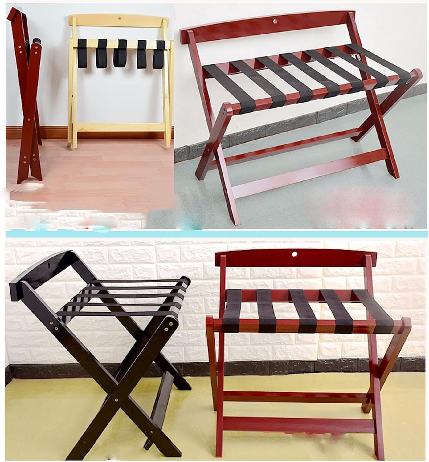 Wooden Luggage Rack Folding Luggage Stand with Nylon Webbing Strap Luggage Holder and Backrest No Assembly Required for Hotel Rental Property Guest Bedroom-Whit,White-60cmx50cm x65cm