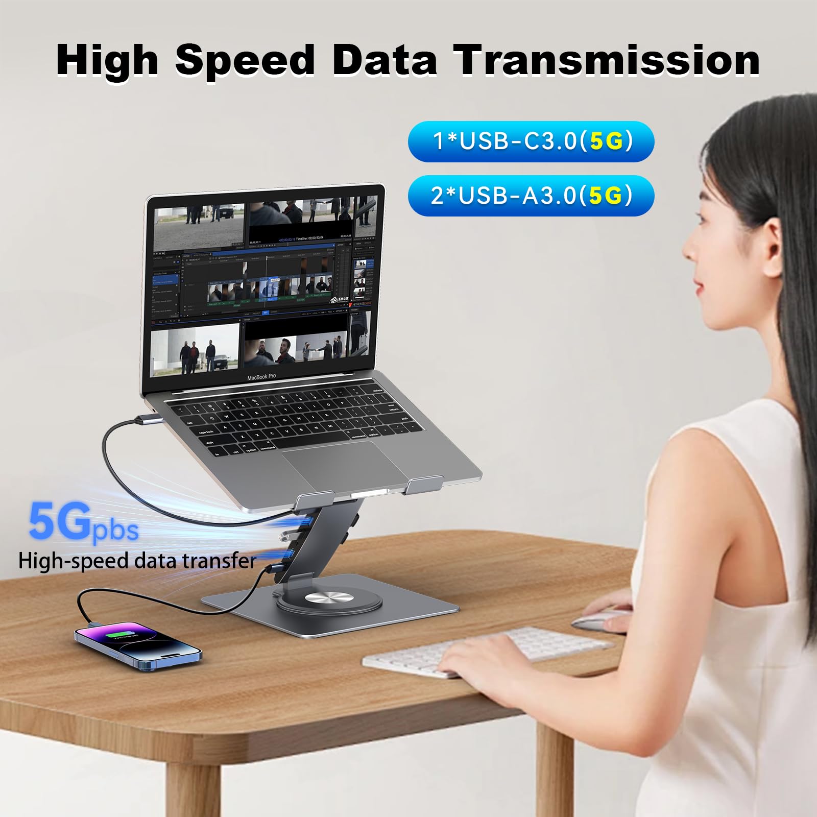 Laptop Docking Station Stand Dual Display 4K HDMI USB3.0 3.5mm Audio Jack 9-IN-1 360° Swivel Laptop Stand for Desk with USB-C Hub Multiport Adapter Universal for MacBook Pro/Air/Dell/HP/Surface/Lenovo - 4