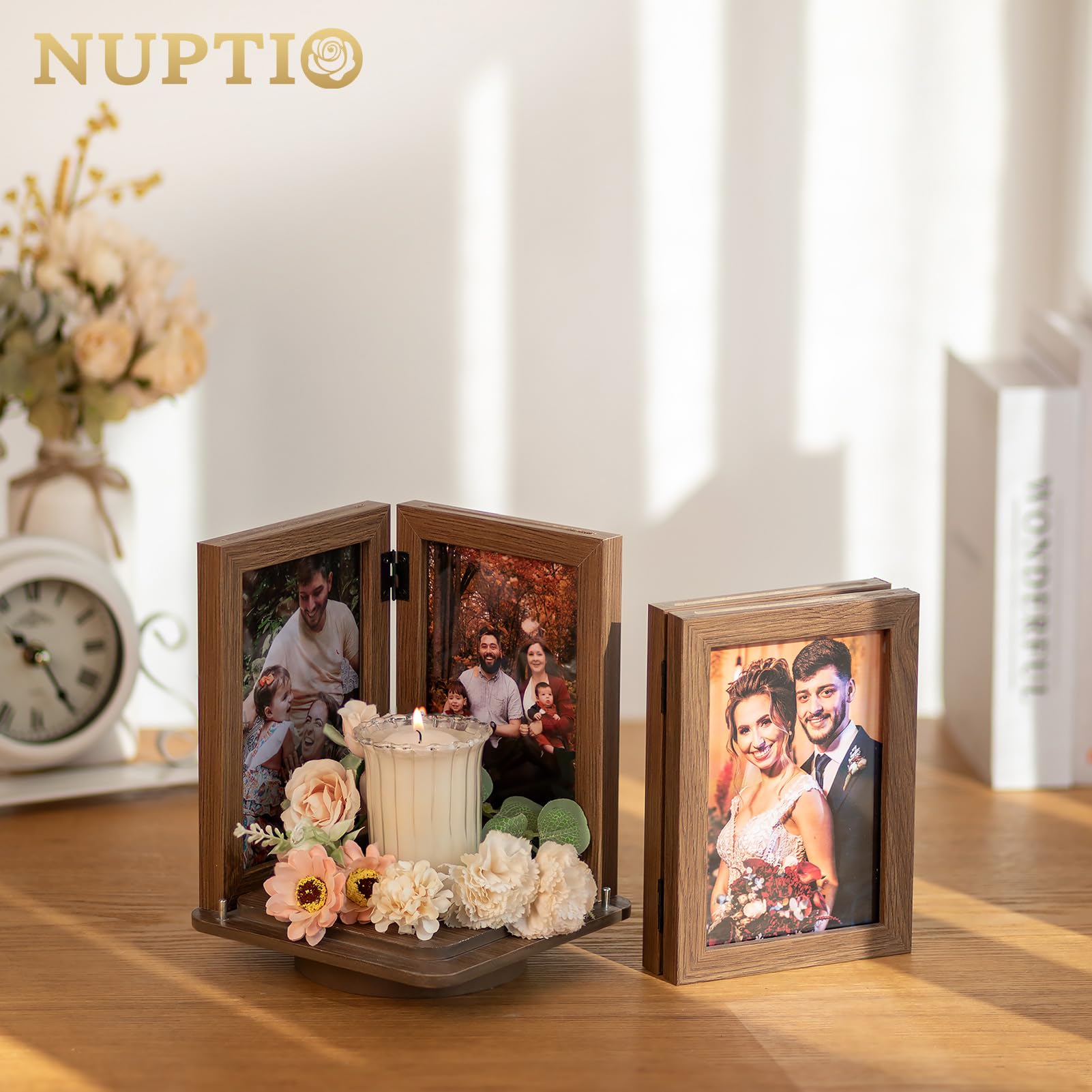 NUPTIO Cadres photo rotatifs en forme de cube : lot de 2 cadres photo en bois marron double 10,2 x 15,2 cm pour mariage, Noël, anniversaire, bureau, décoration de bureau à domicile