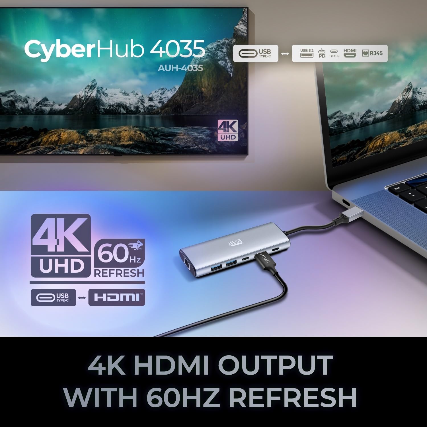 Adesso AUH-4035 - Adaptador multipuerto USB C 6 en 1 compatible con 1 HDMI 4K, 2 USB-A 3.2, 1 USB-C 3.2, 1 RJ45 y 1 PD