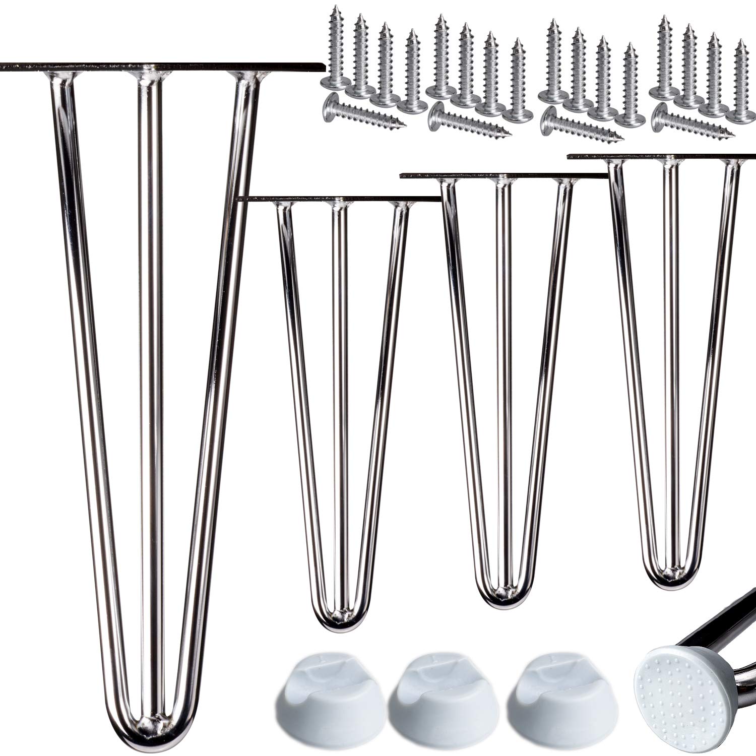 STAHLIA Haarnadel Tischbeine Möbelfuß Höhe 71cm Chrom (4er SET) 3 Streben Ø12mm Tischgestell Hairpin Leg Möbelfüße Schalldämmung inkl. Bodenschoner