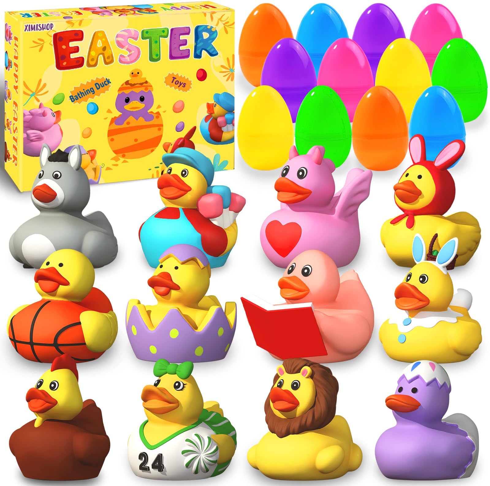 XIMISHOP 12 PCS Filled Easter Eggs with Rubber Bath Ducks，Cute Yellow Easter Bath Ducks Easter bunny Duckies for Basket Fillers Colorful Egg Hunt Kids Bath Tub Toys
