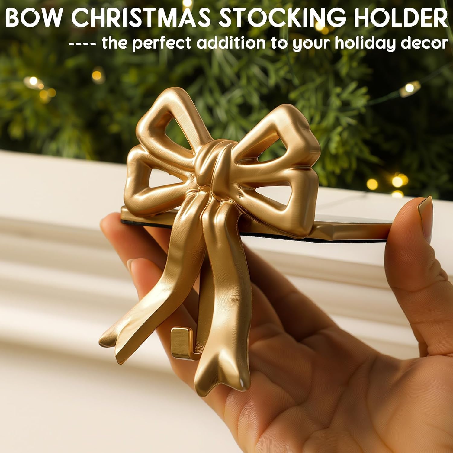 4 Pcs Gold Bow Christmas Stocking Holder Heavy Duty Cast Iron Gold Christmas Bow Stocking Holder Xmas Home Metal Decoration for Mantle Fireplace Shelf Staircase Decoration(Novelty)