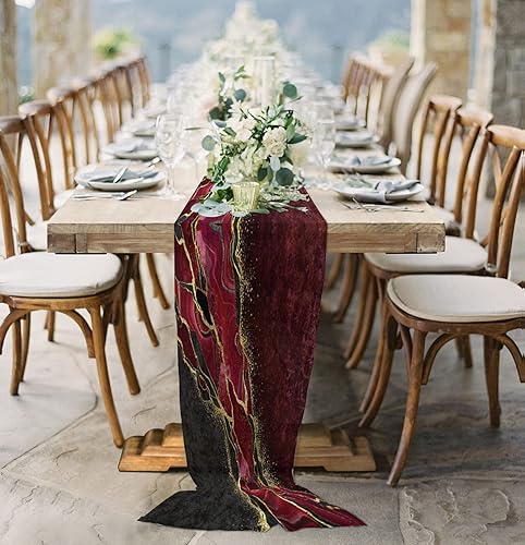 Vista 4 de Marble Red Chiffon Table Runner 120 Inches Long, Voile Sheer Tulle Runner for Rustic Wedding Reception Bridal Shower Decorations Birthday Party