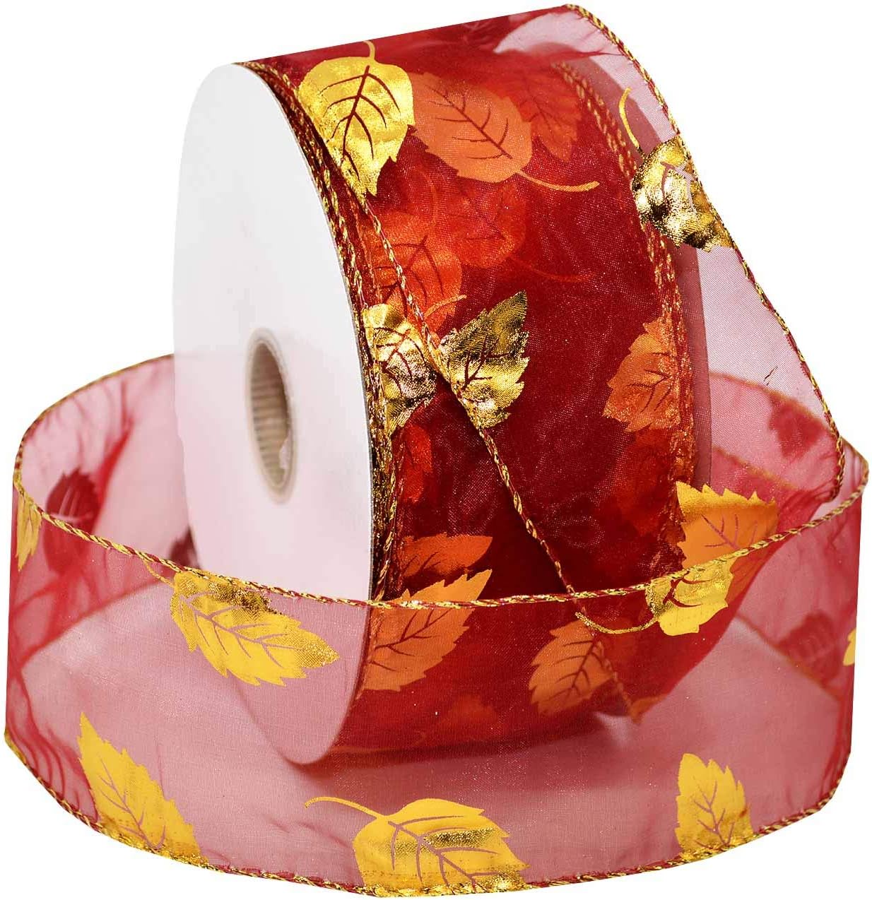Morex リボン金メッキリーフワイヤーオーガンザ、秋のホーム装飾、2.5インチ&times;50ヤード、レッド/ゴールド