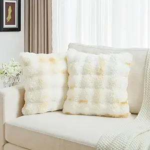 FUTEI Yellow White Decorative Throw Pillow Covers 22x22 Inch Set of 2,Soft Fuzzy Faux Rabbit Fur Cushion Covers with Raised Texture,Neutral Boho Home Decor for Couch Bed Living Room