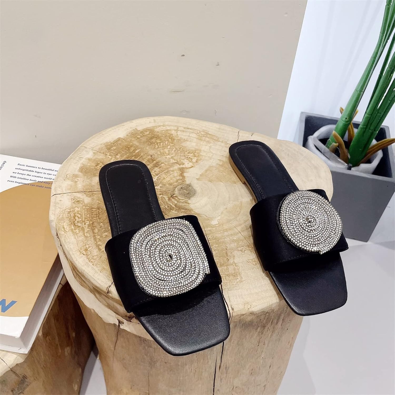 ORNVEION Women’s Bling Rhinestone Square Flat Sandals,Crystal Satin Glitter Mules Slippers Boho Open Toe Slip-on Beach Sandals - Image 4