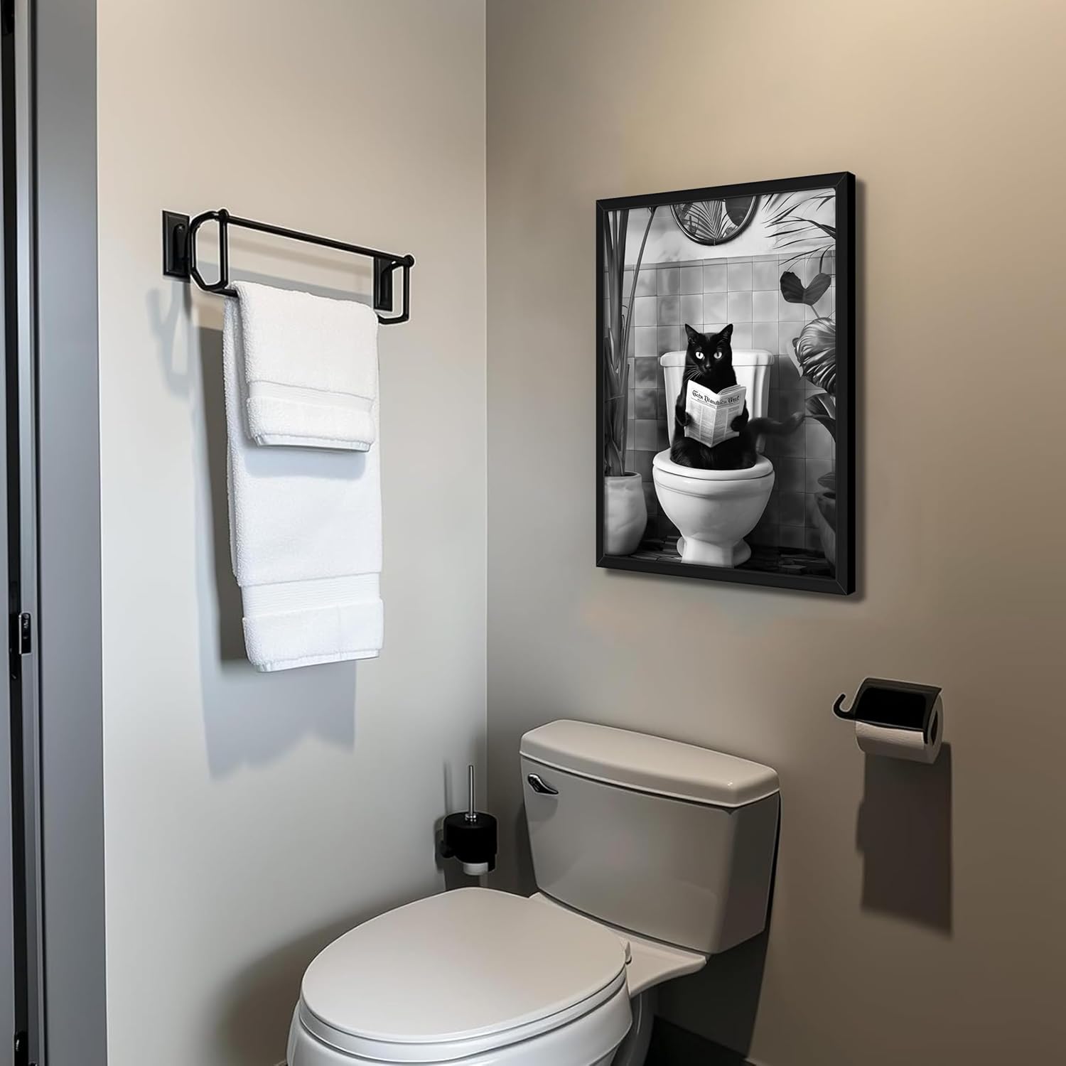 Framed Funny Cat Bathroom Wall Art, Black Cat the Toilet Reading Newspaper Canvas Wall Decor Painting, Cute Black and White Animal Prints Pictures for Bathroom Restroom 16x24 Inch