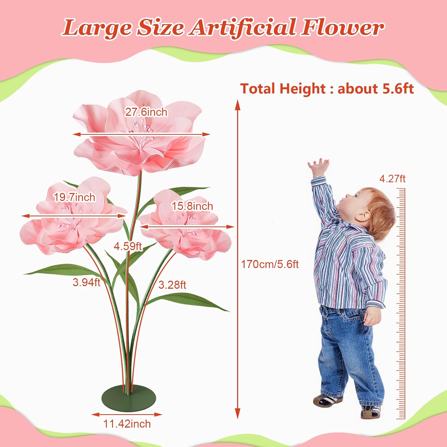 Giant Artificial Flowers for Decoration, 5.6 Ft Waterproof EVA Large Fake Flowers for Wedding Floral Garden Birthday Party Baby Shower Decor Shop Window Display Photography Props, Light Pink