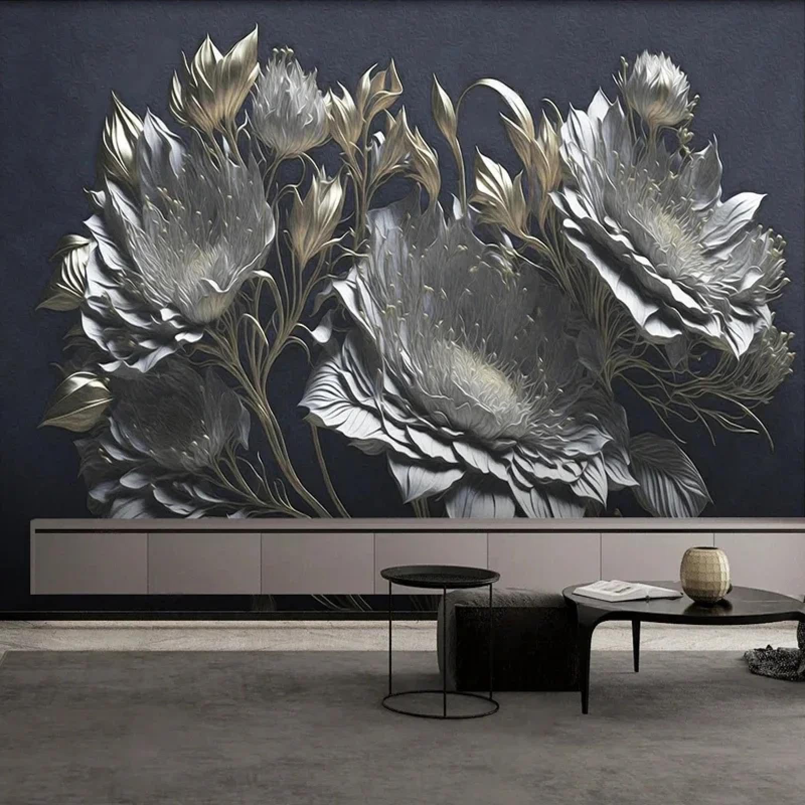Papier peint mural 3D en soie avec fleurs en relief tridimensionnel pour salon