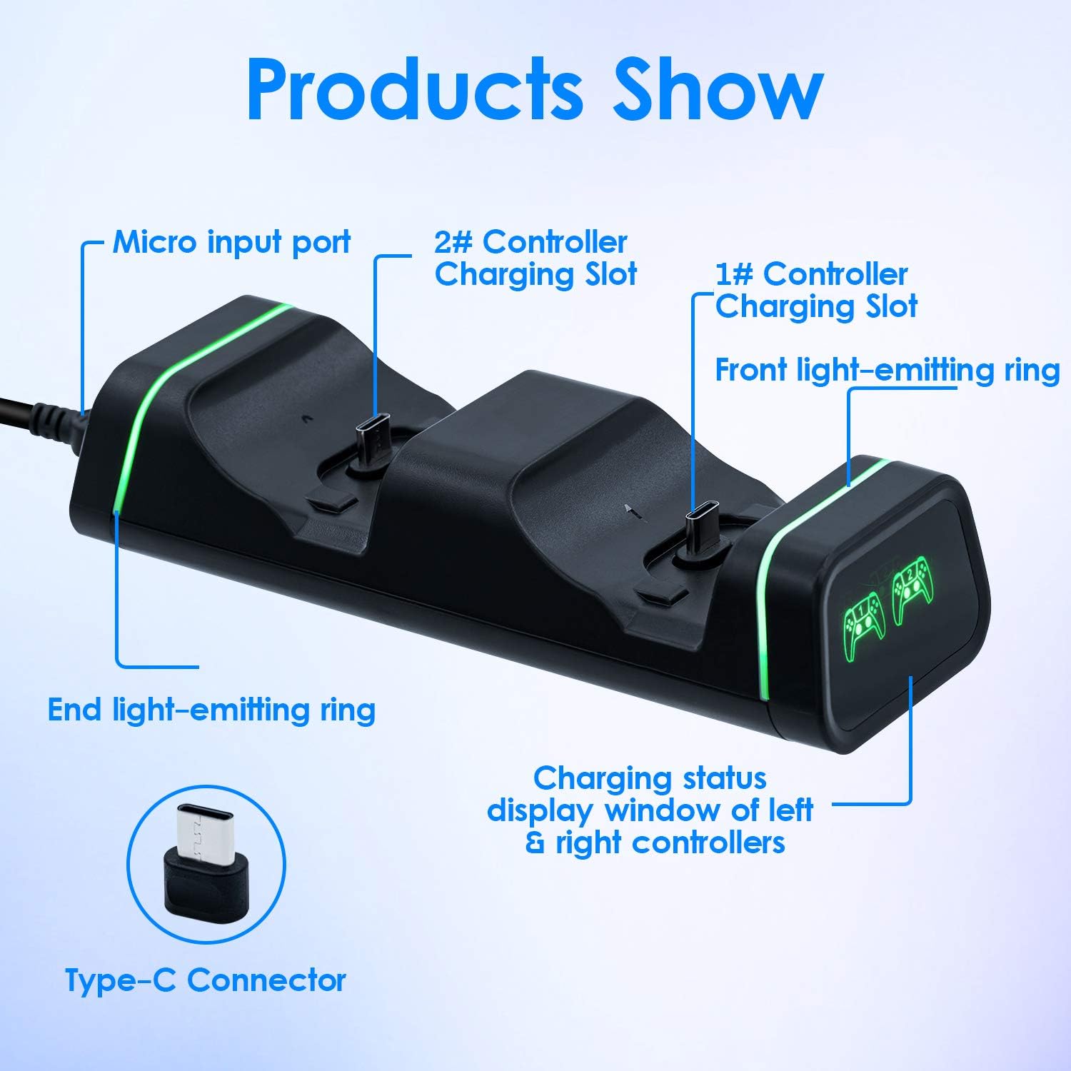 Mcbazel Dobe Dual Controller Charging Station Fast Charging Docking with LED Indicator for Switch Pro/PS5/Xbox Elite 2/Xbox Series S/Series X/Controller - Image 4