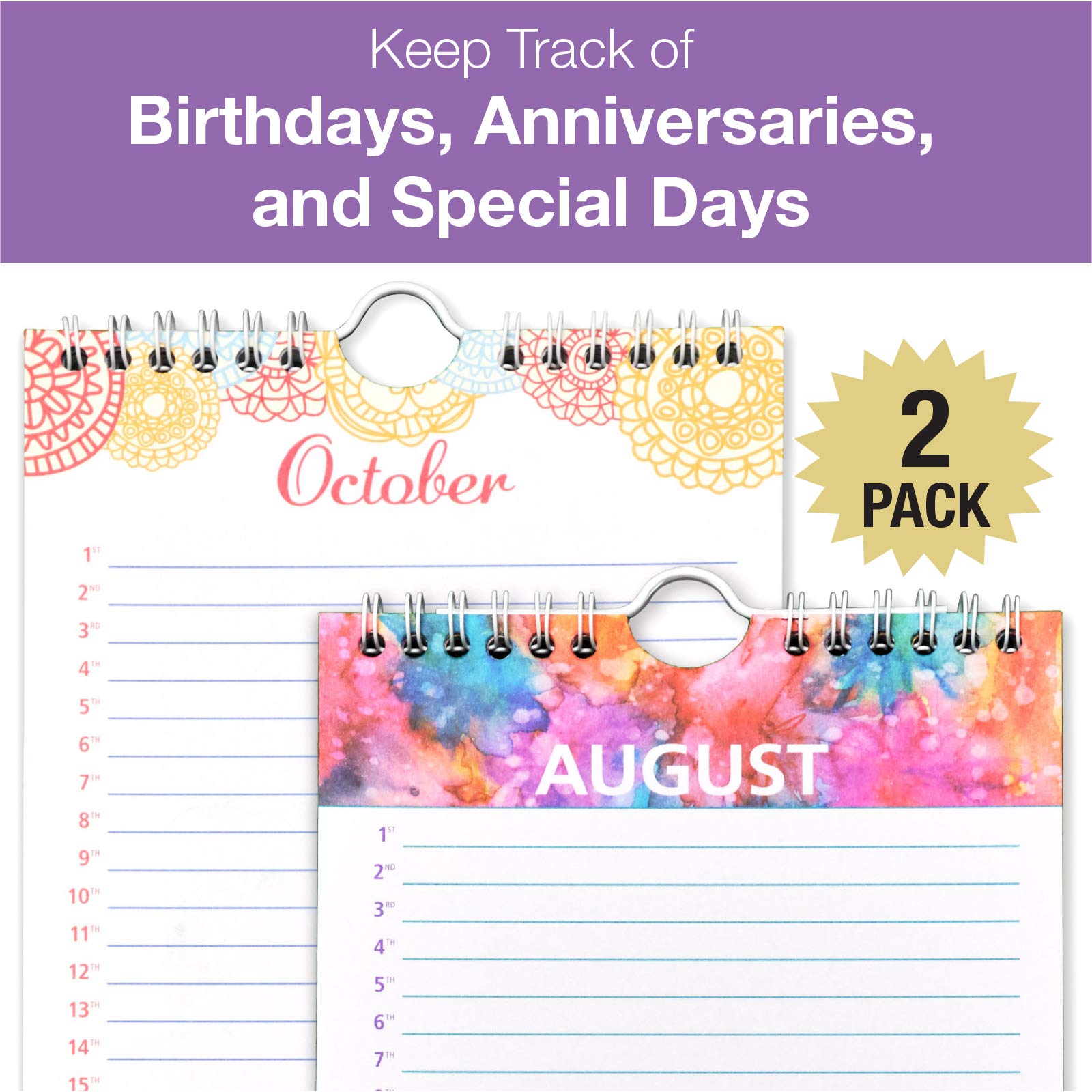 Perpetual Calendar: Spiral Organizer for Birthdays, Anniversaries, Important Dates and Monthly Remembrances. Wall Hanging Notebook Journal (Pack of 2) - Image 3