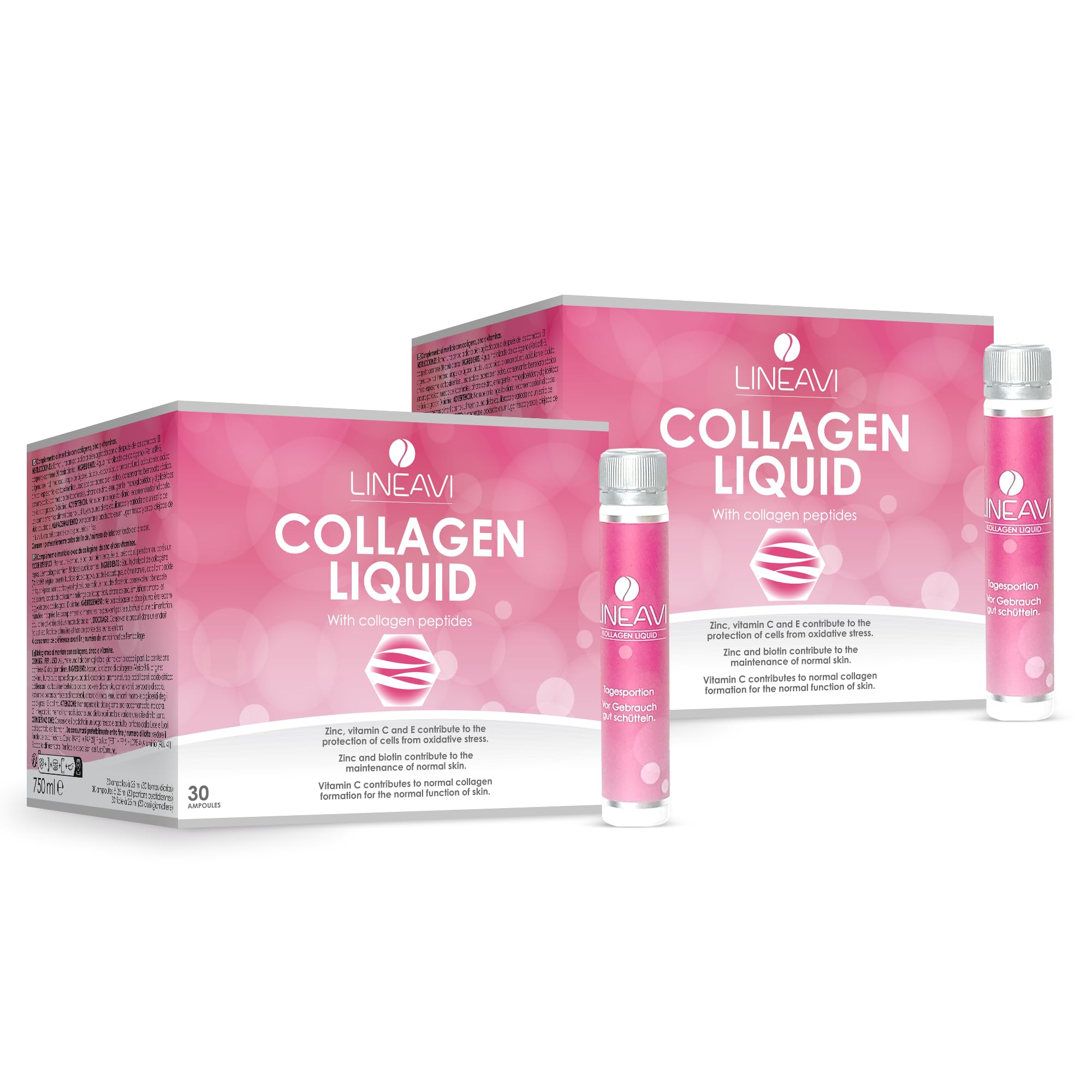 LINEAVI Kollagen Liquid, Trink-Kollagen, mit Kollagen-Peptiden, Acerola, Zink, Vitamin C, Vitamin E, Biotin, unterstützt Haut, Haare und Nägel, in Deutschland hergestellt, 2x30 Trinkampullen