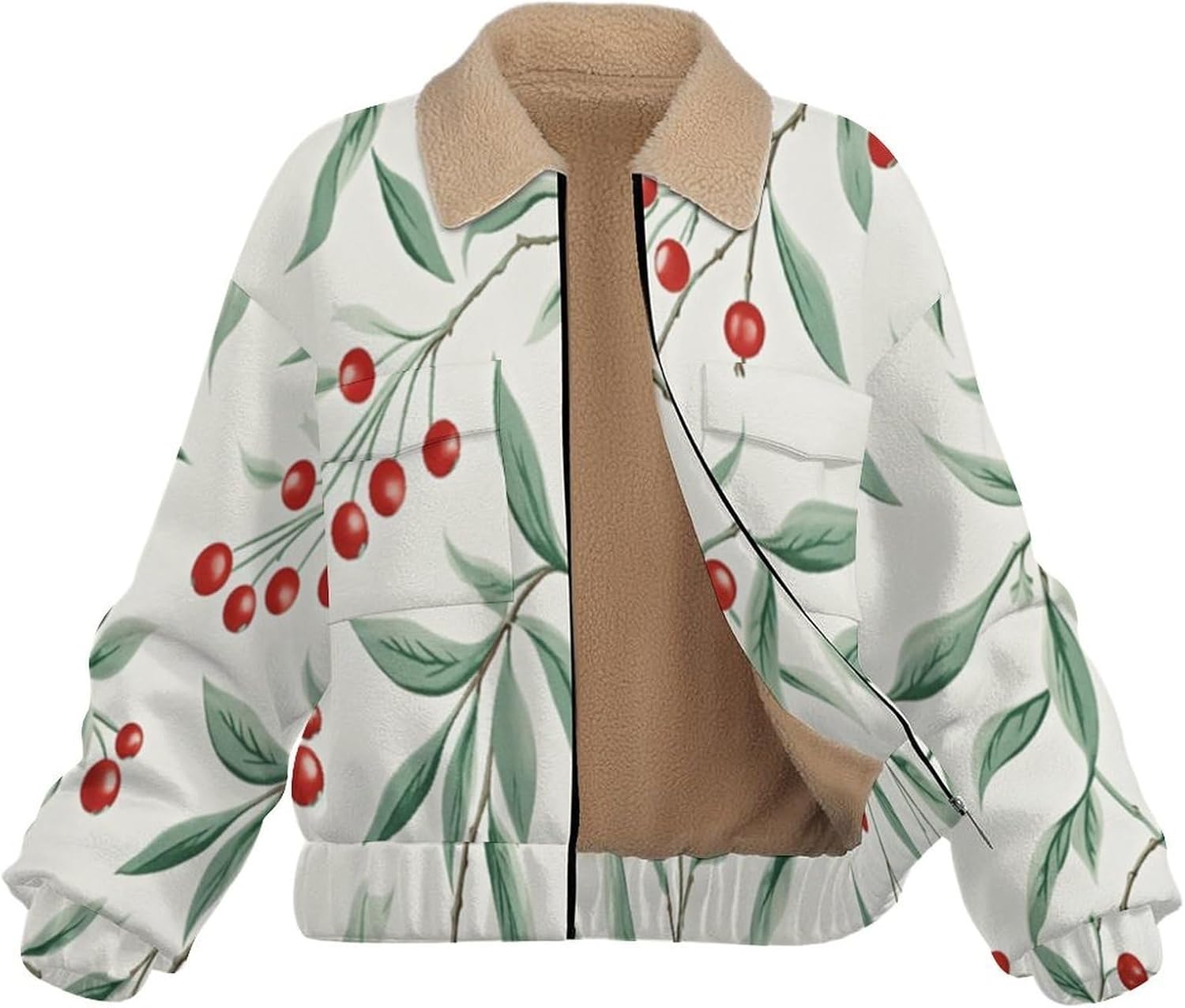 Women's Full Zip Soft Polar Fleece Jacket, Cherry leaves Printed Outdoor Coat, Long Sleeve Comfortable Outerwear