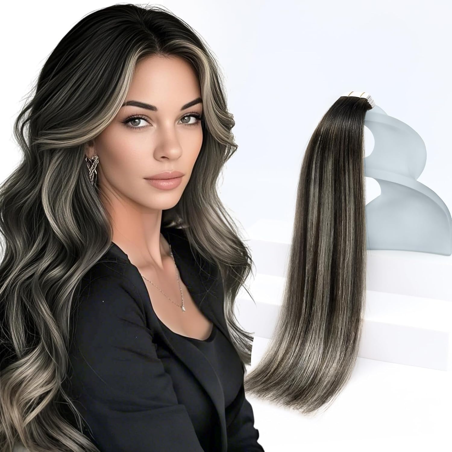 Sunny Hair Tape in Hair Extensions Real Human Hair Invisible Remy Hair Extensions Tape ins for Women Natural Black Roots to Silver Grey Balayage 18 inch 20Pcs 50G