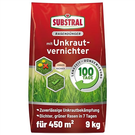 Substral Rasendünger mit Unkrautvernichter, 2in1: Unkrautvernichtung + Düngung, 100 Tage Langzeitwirkung, 450 m², 9 kg