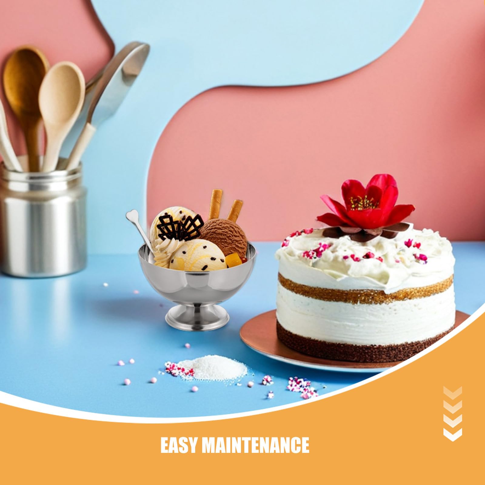 Edelstahl Dessertbecher 6 Stück 300ml, Silber, mit Löffeln