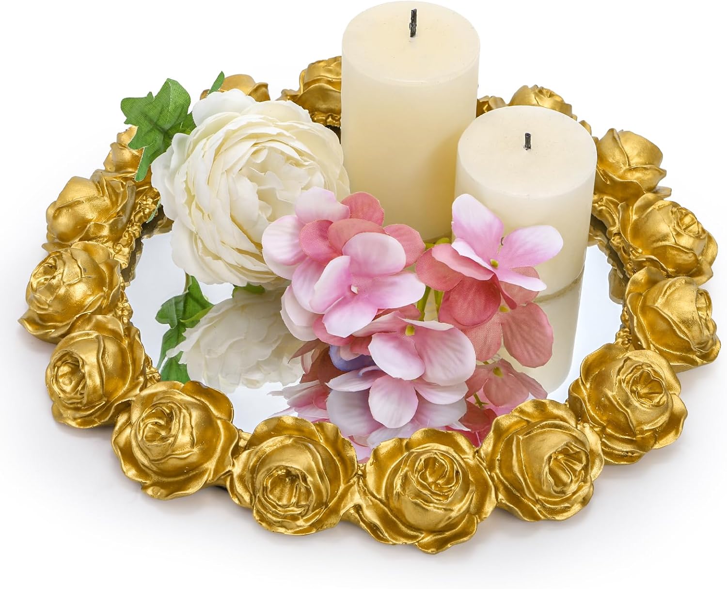 Jucoan Vintage Gold Rose Mirrored Vanity Tray, 10 Inch Round Decorative Candles Holder Plate Perfume Makeup Jewelry Tray for Dresser Bathroom Bedroom Thanksgiving Table Centerpiece Decor