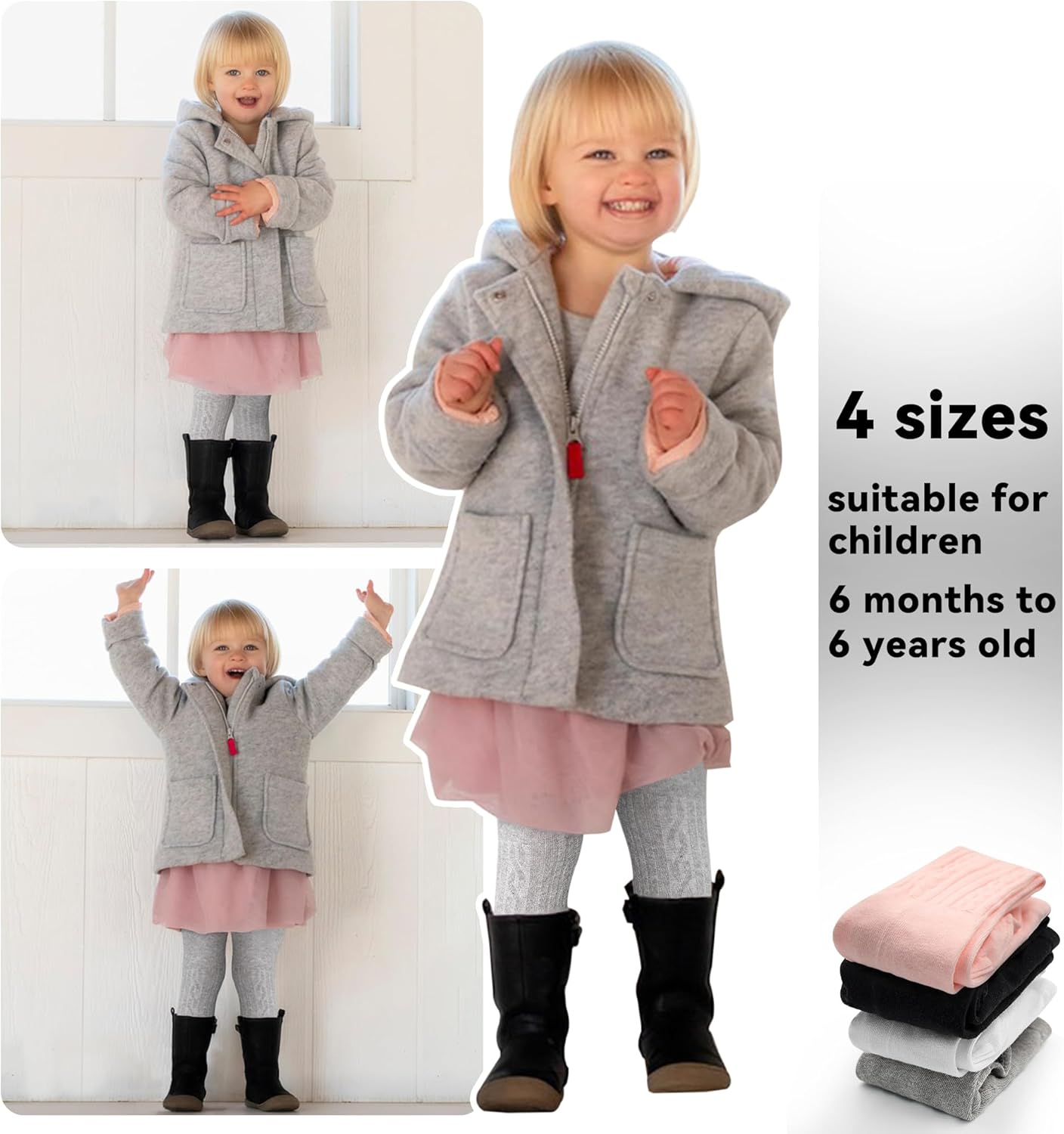 3 Pack Toddler Tights, Non Slip Baby Tights for Girl (6 months-6 years), Knit Cotton Pantyhose Black White Pink Grey - Image 5