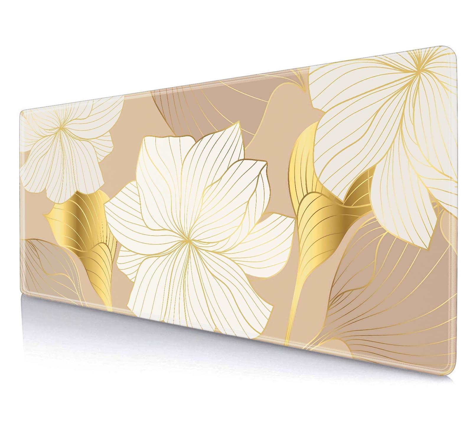 LTHAOGUO Large Mouse Desk Pad, Gold Flower Line Arts Mouse Pad Mat, Luxury Lotus Mousepad with Designs, Keyboard Mouse Mat Gold Flower Line Art