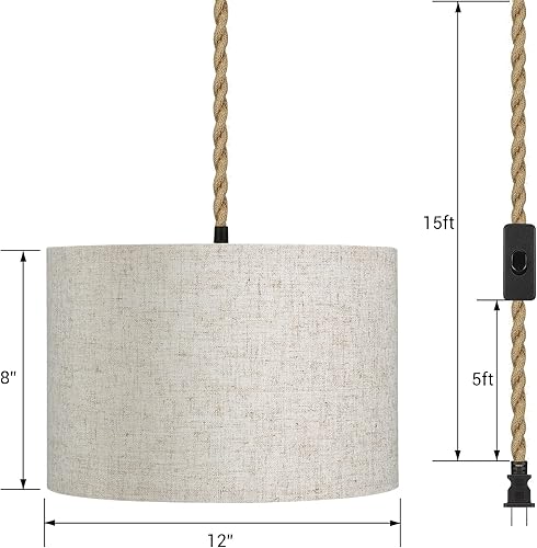 Miniatura 7 de EDISHINE Paquete de 2 lámparas colgantes estilo bohemio enchufables, luces colgantes con cable de cuerda de cáñamo de 15 pies, pantalla de lámpara