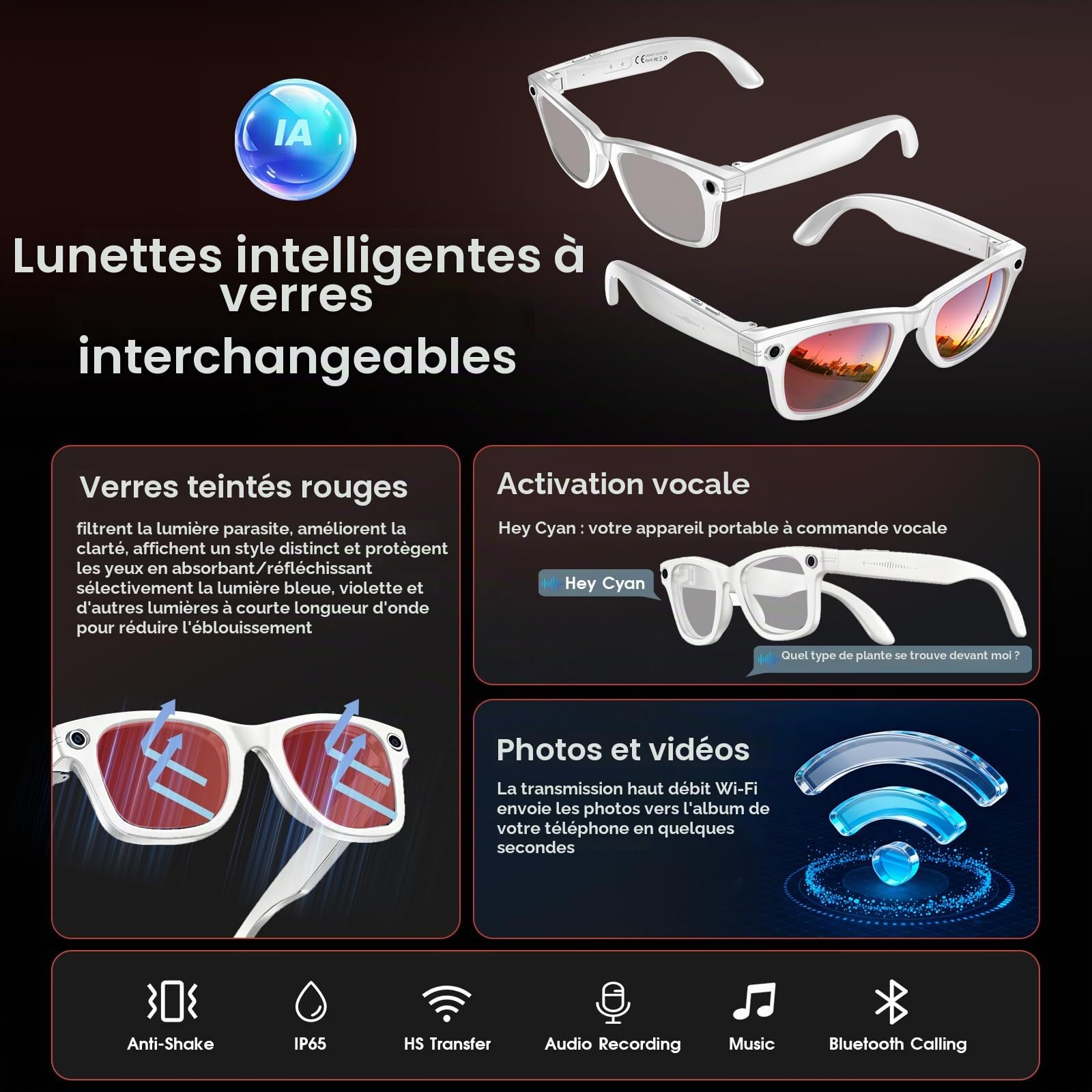 AI Smart Glasses 4K Caméra HD 290 mAh 800 W Lunettes de caméra avec Enregistrement vidéo, Traduction simultanée/Identification d'objet GPT, Verres de Protection UV400 Contre la lumière Bleue