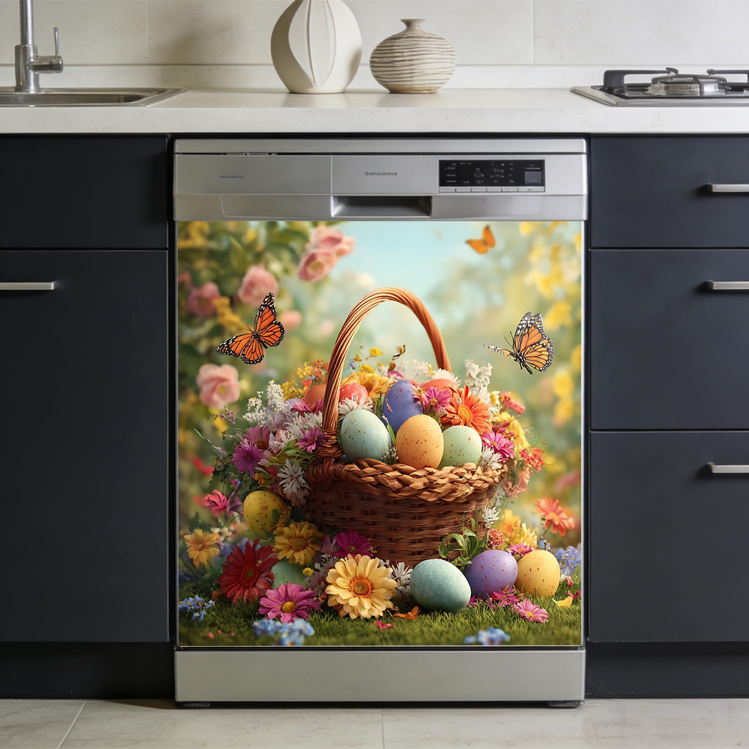 Easter Dishwasher Magnet Cover 25.6 × 23 Inches – Colorful Cute Bunny and Easter Egg Design, Reusable Decorative Magnetic Dishwasher Cover for Spring Kitchen Decor
