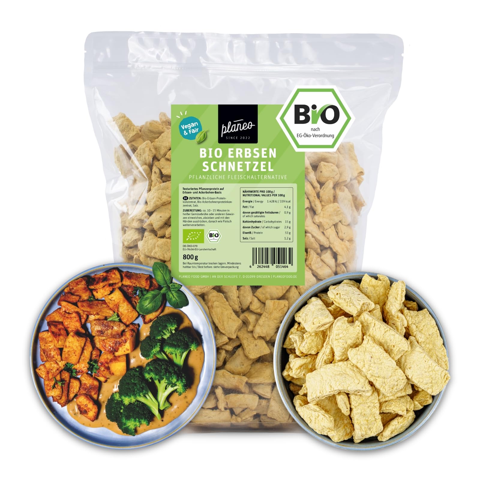 Planeo BIO Erbsen Schnetzel 800g – Veganer Fleischersatz mit über 50% Eiweiss, ideal für Geschnetzeltes & Eintöpfe, aus Erbsen- und Ackerbohnenprotein