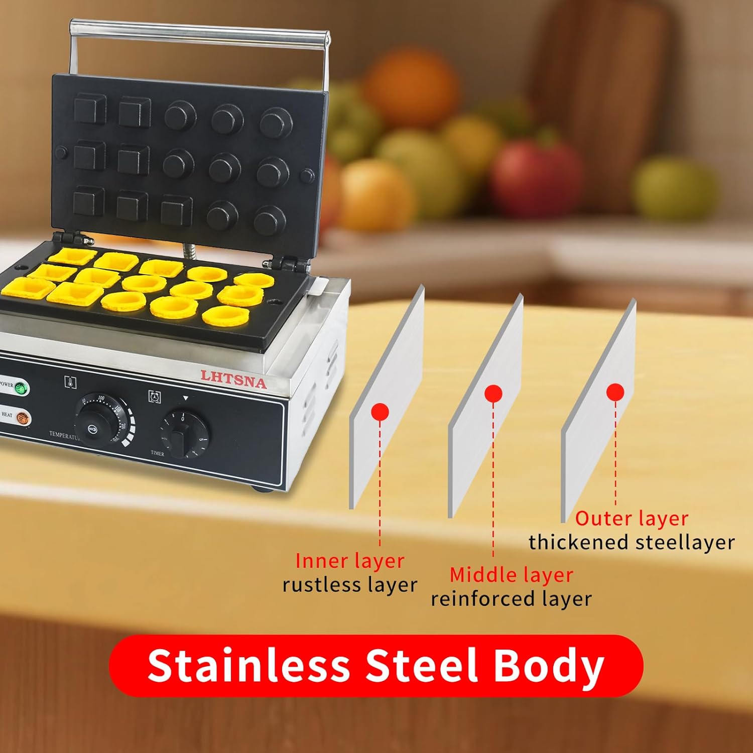 Commercial 1550W Electric Egg Tart Crust Making Machine,15pcs Egg Tart Shell Pie Crust Pressing Machine,Non-Stick,Stainless Steel Waffle Iron Machine for Restaurant Bakeries