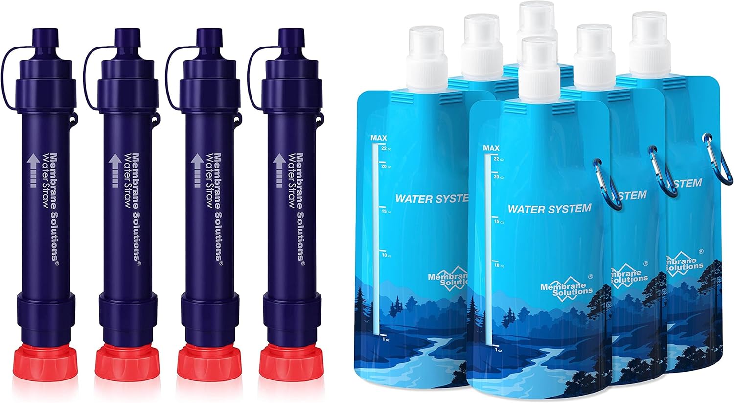 Membrane Solutions S2 Detachable Water Filter Straw (Pack of 4) with 23oz Collapsible Squeezable Water Pouch (Set of 6)