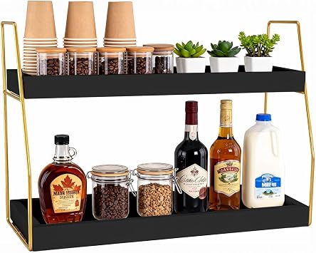 Coffee Bar Accessories,Coffee Station Organizer with Multi-Functional,Decor for Bar Accessories,2 Tier Wooden Shelf Gold Metal Station Organizer for Countertop,Syrup Black Gold