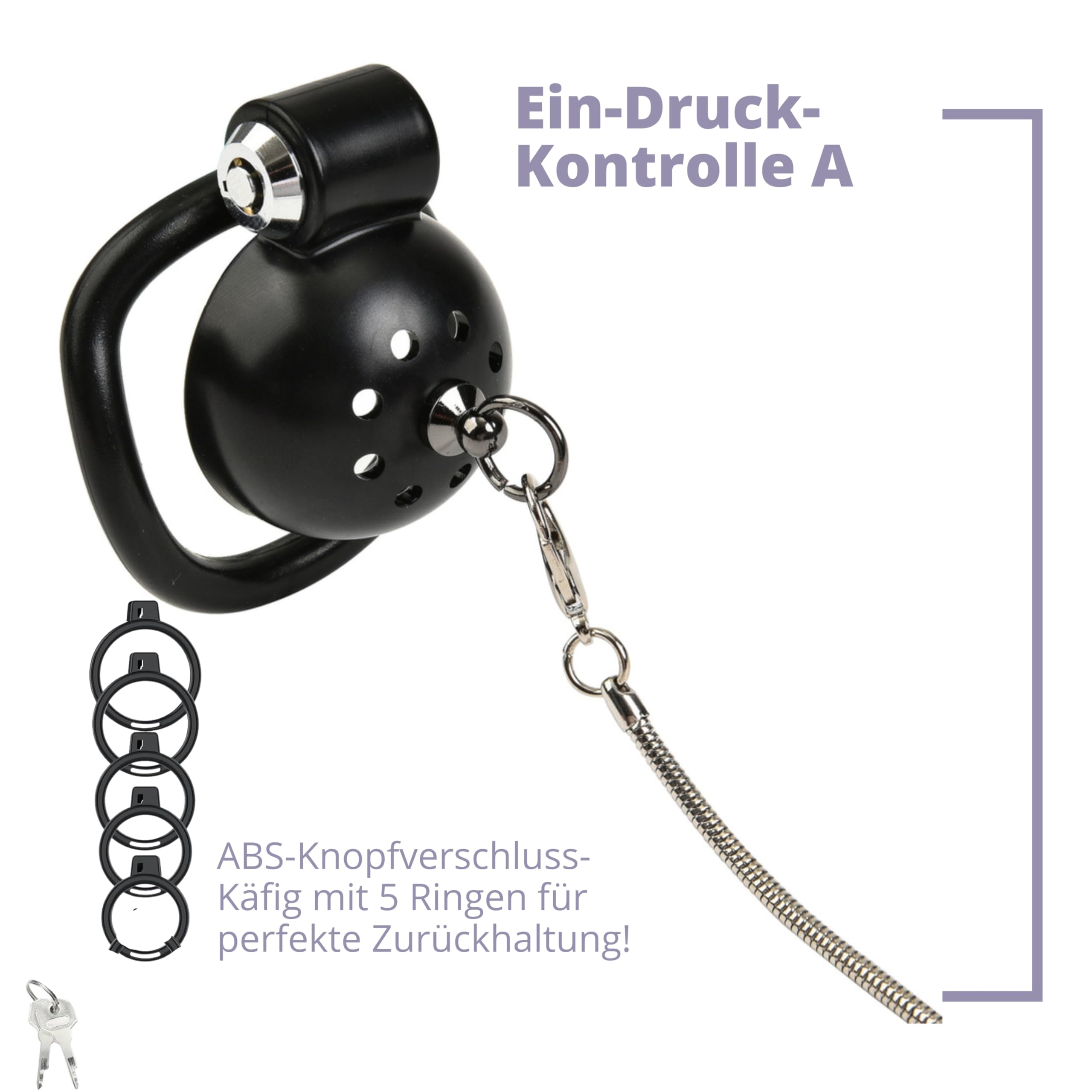 Fops Gabbia di Castità Piatta per Uomo in ABS – Small Chastity Cage con Chiusura Laterale, 5 Anelli (38-52mm) e Guinzaglio da 110cm per Bondage BDSM, Stretching Estremo e Controllo Totale N55