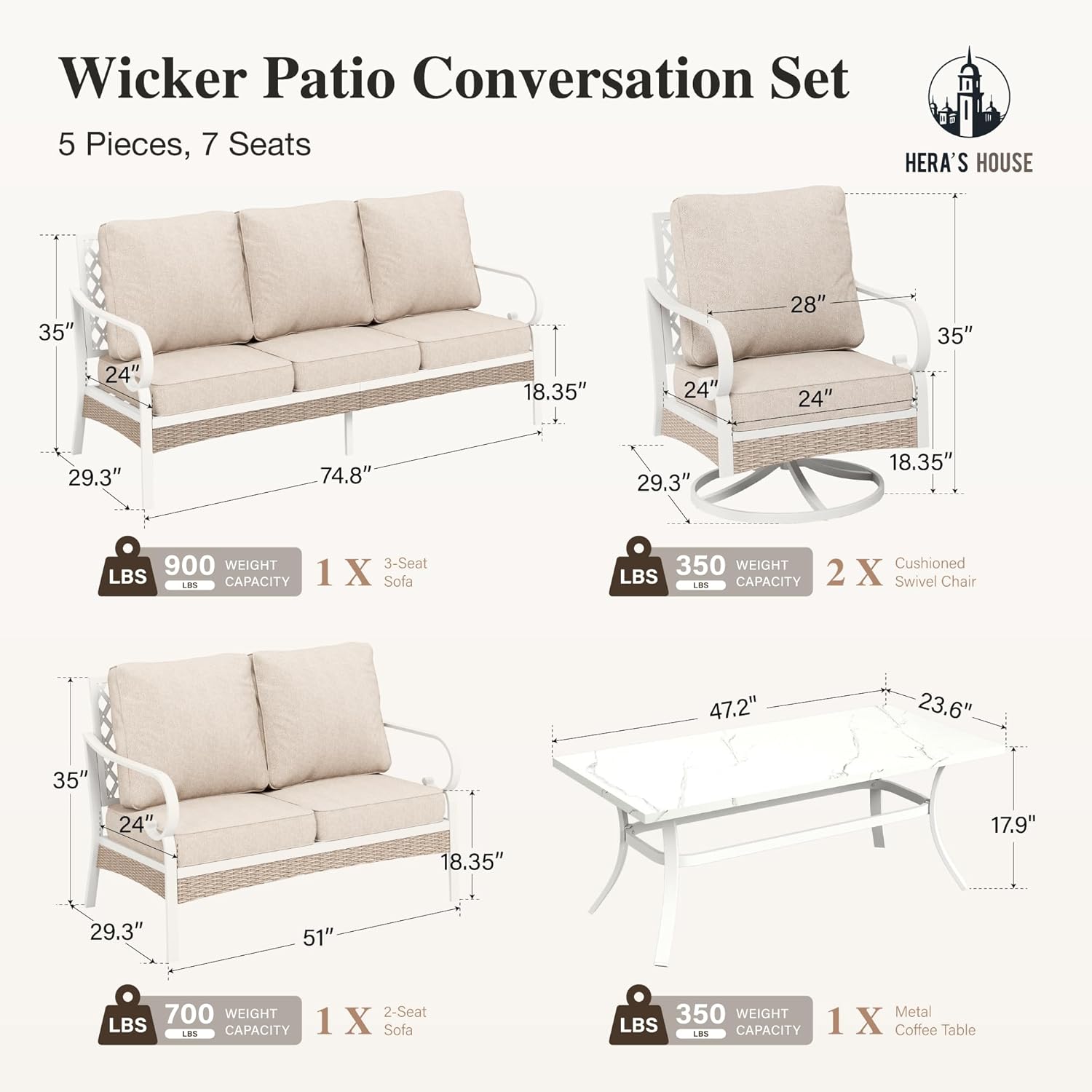 HERA'S HOUSE 5 Piece Metal Patio Furniture Set, 7 Seats All Weather Outdoor Conversation Set, 3 Seat Sofa with Loveseat, 2 Swivel Chairs, Coffee Table for Backyard, Garden, Deck, White/Beige