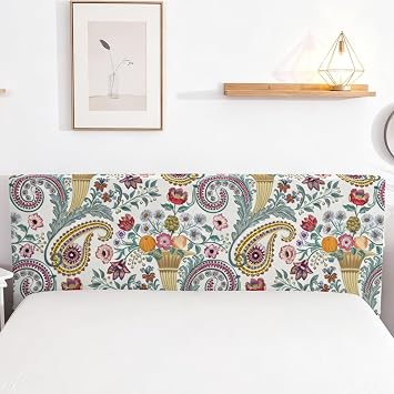 OYX Stretch Bed Headboard Cover, Paisley Floral Print Headboard Slipcover, Soft Washable Dustproof Bed Head Protector Cover for Full/Queen/King Size Bed, Vintage Boho Bedroom Decor