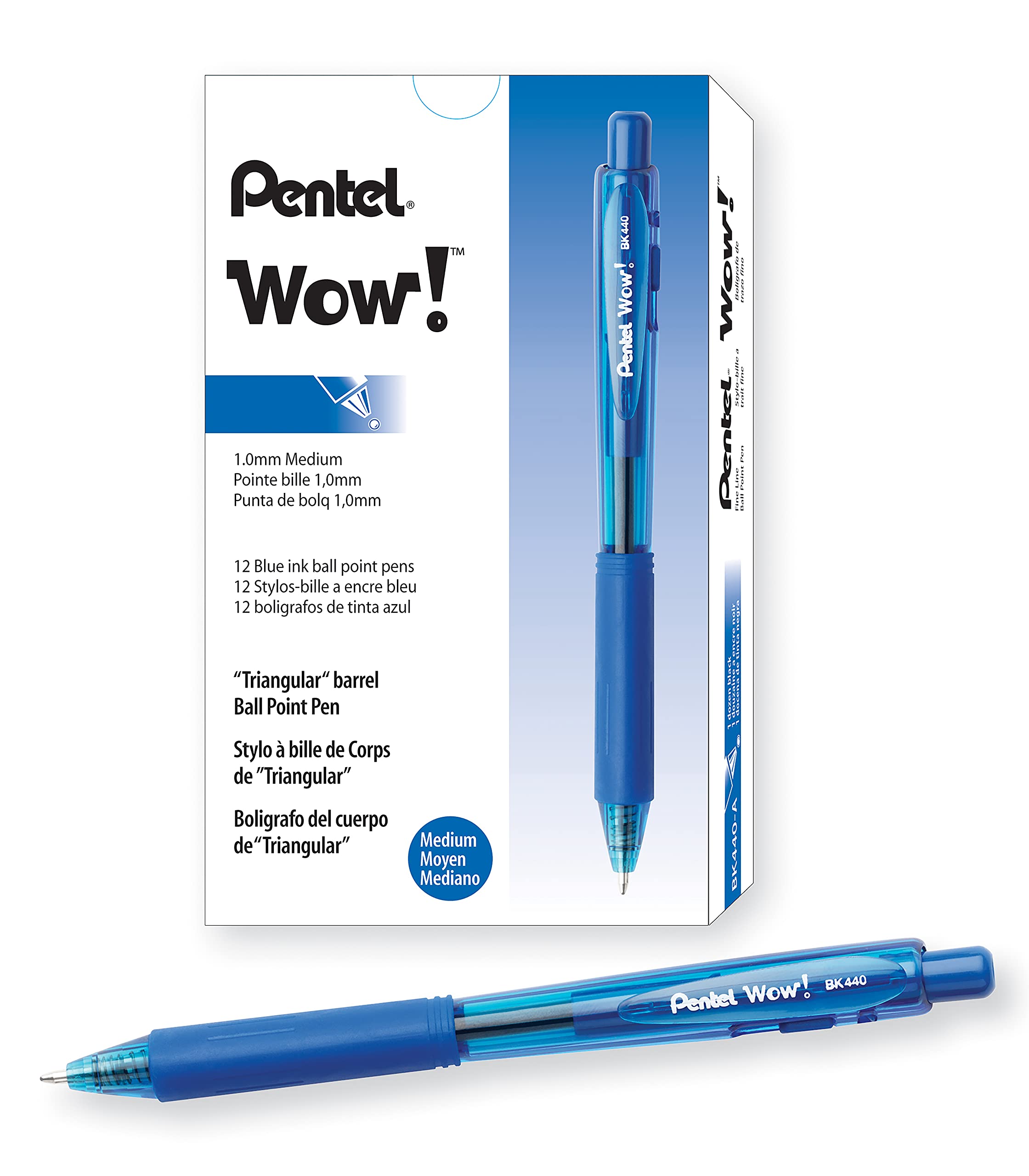 Pentel Wow! Retractable Ballpoint Pen, (1.0mm), Medium Line, Blue Ink, Pack of 12 (BK440-C)