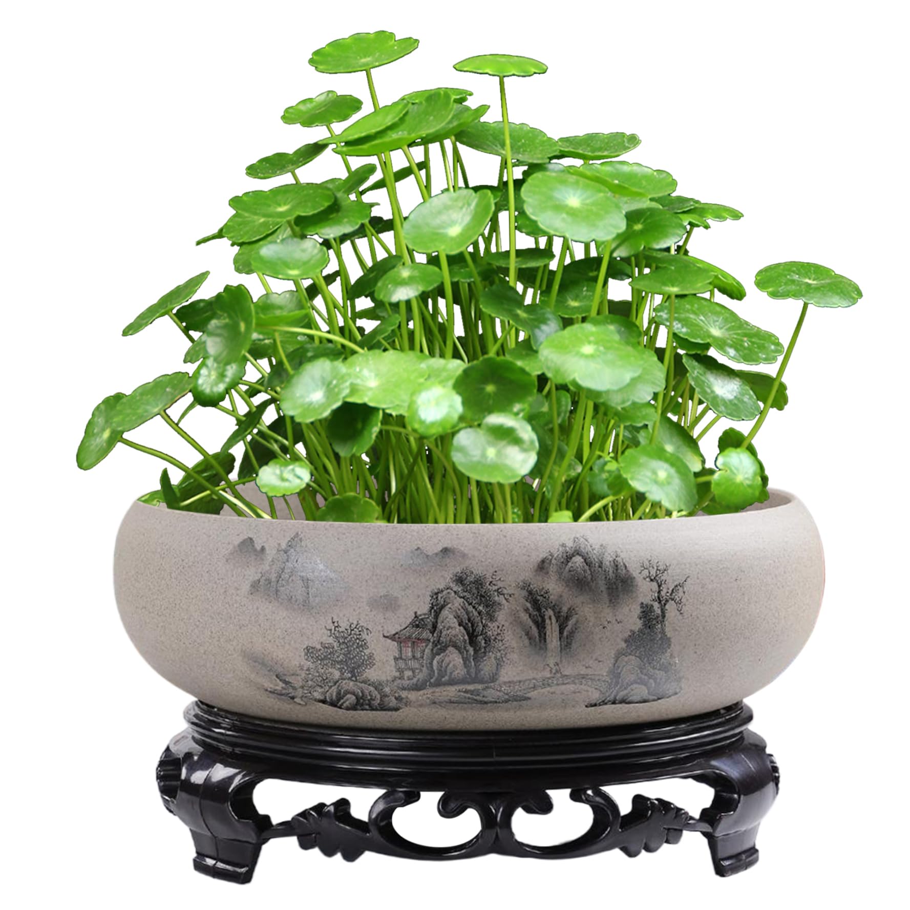 Porgeel 1Pc Lotus Bowl Planter Landscape Pattern Ceramic Lotus Bowl 7X3in Round Shallow Hydroponic Planter With Base For Water Lily