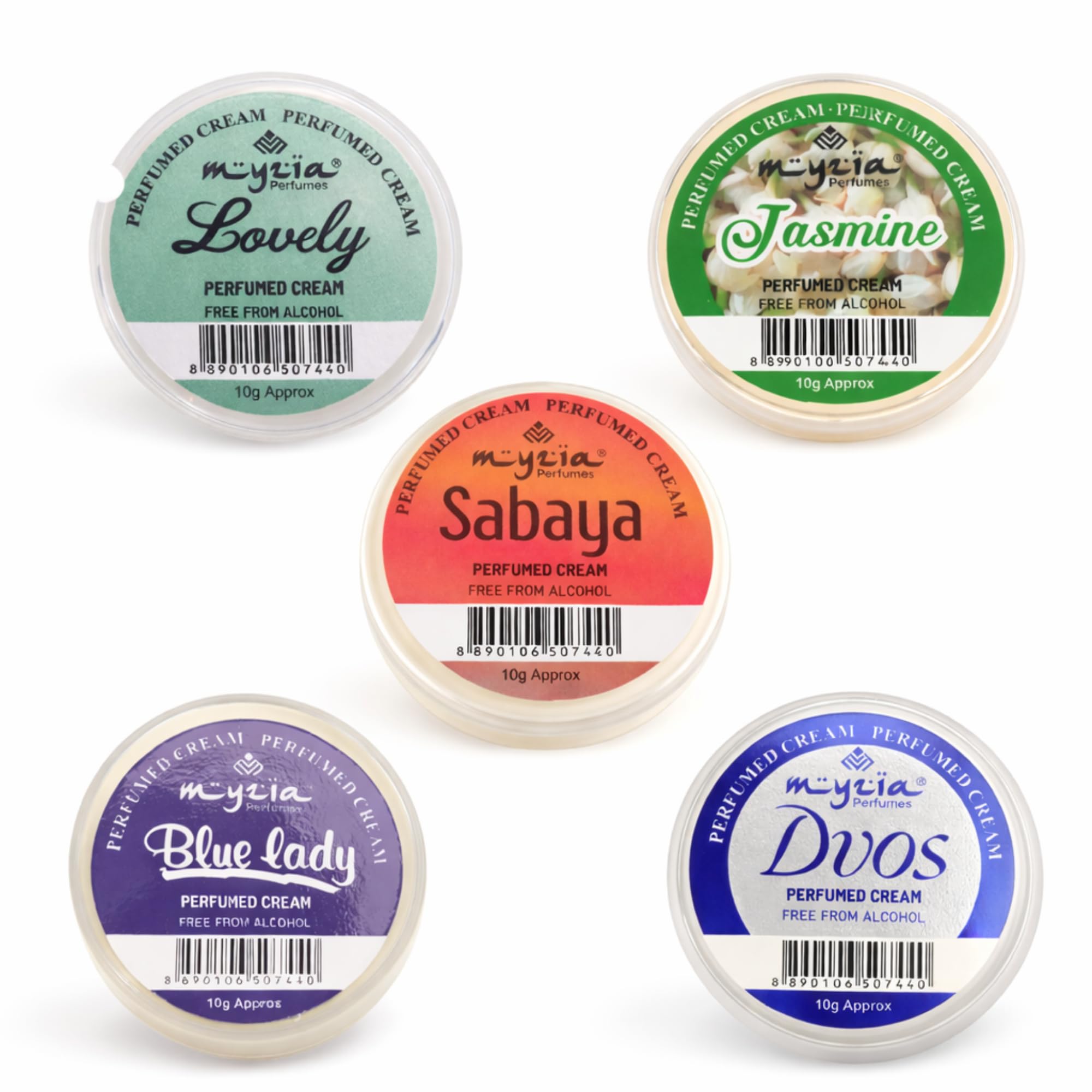 Women Solid Perfume Cream Combo (Pack of 5) – Lovely, Sabaya, Jasmine, Blue Lady & DVOS | Alcohol-Free 10g Each | Cream Perfume, Wax & Skin Perfume | Pocket Perfum