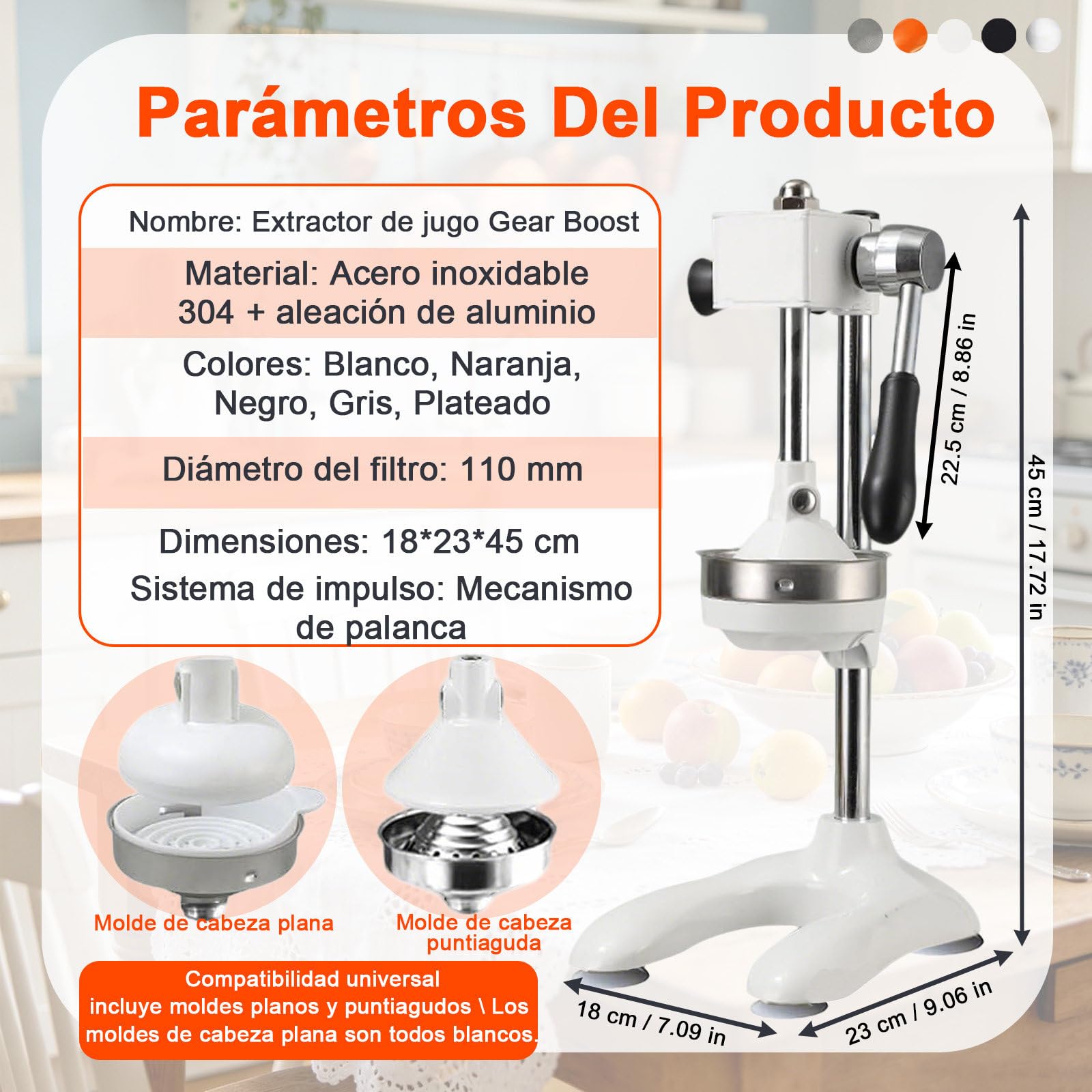 Exprimidor Manual con Engranajes, Prensa de Naranjas de Cremallera y Pinon, Prensa de Frutas con Accion de Palanca para Presion Lineal Blanco-Cabezapuntiaguda