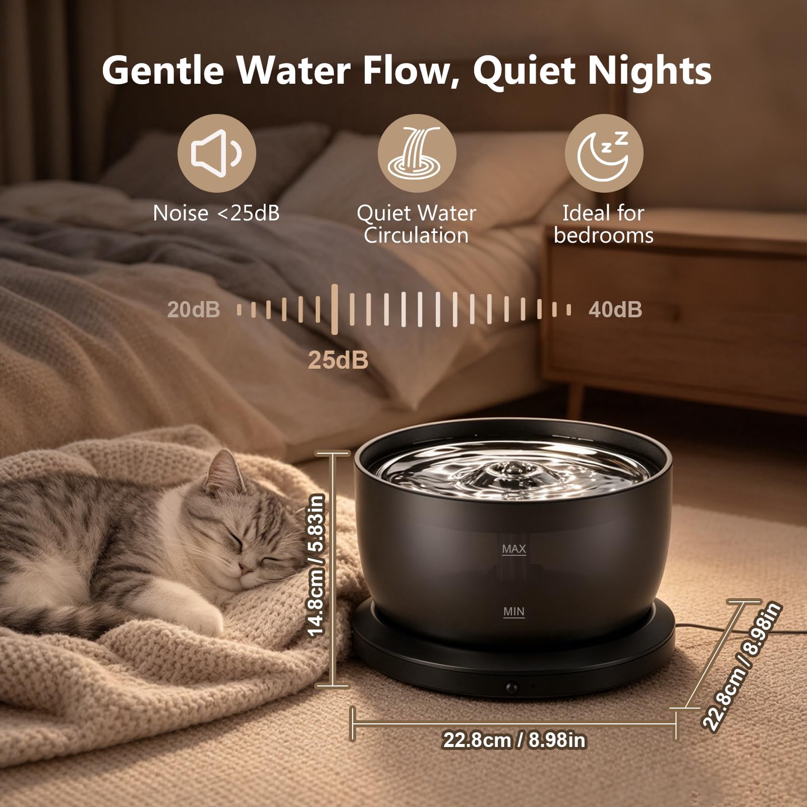 Fontana per gatti senza fili con sensore di movimento, a batteria, 4000 mAh, 20 dB, ultra silenziosa, facile da pulire, senza BPA