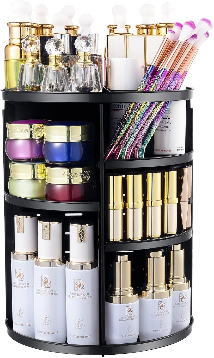 360 Rotating Makeup Organizer, chfine DIY Adjustable Bathroom Makeup Spinning Holder Storage Rack, Large Capacity Lazy Susan Cosmetics Organizer, Makeup Caddy Fits Countertop Vanity and Bathroom,Black