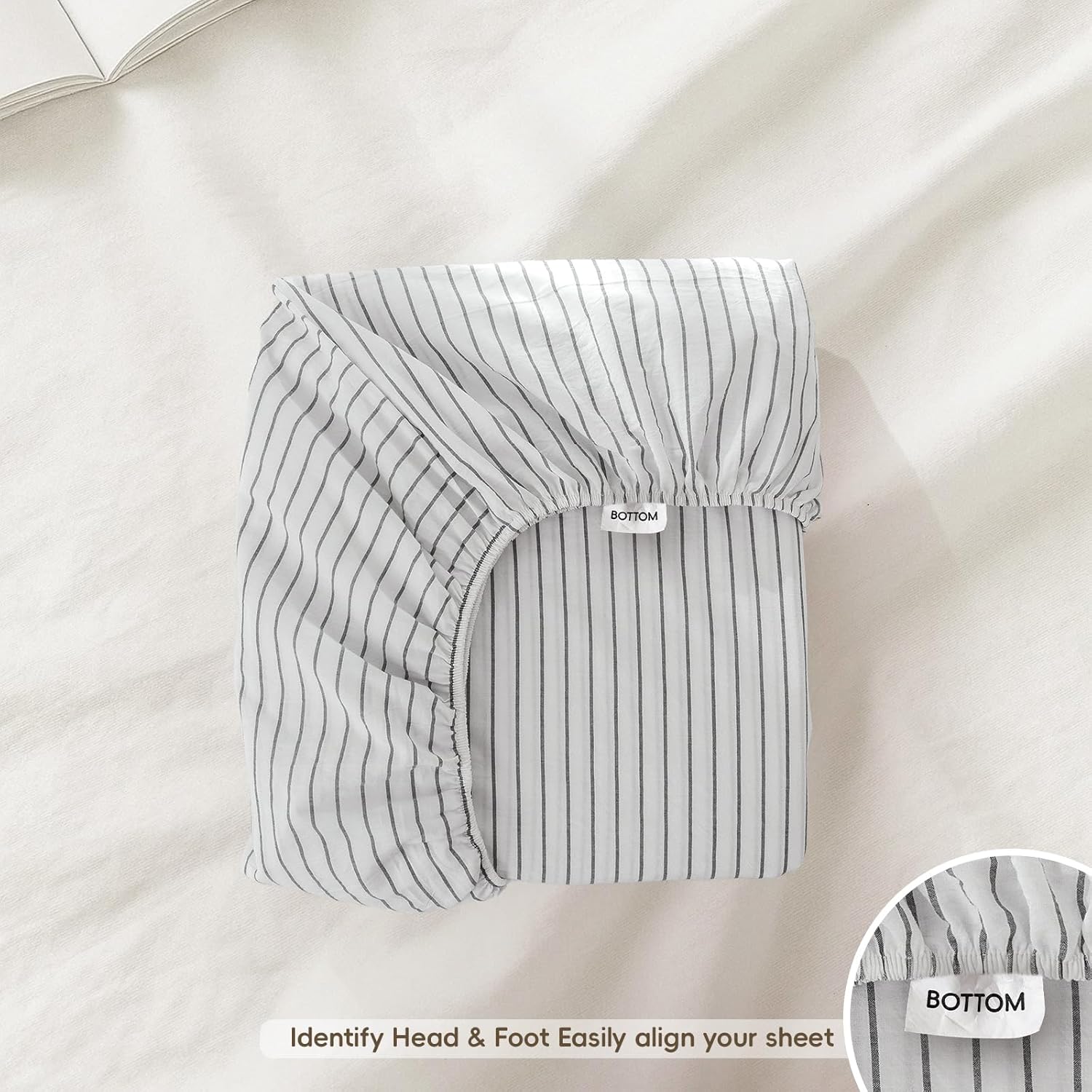 MooMee Fitted Bottom Sheet Only 100% Washed Cotton Linen Like Textured Breathable Durable Soft Comfy Deep Pocket Fits Mattress up to 17" (White Dark Grey Wide Stripes, Queen)