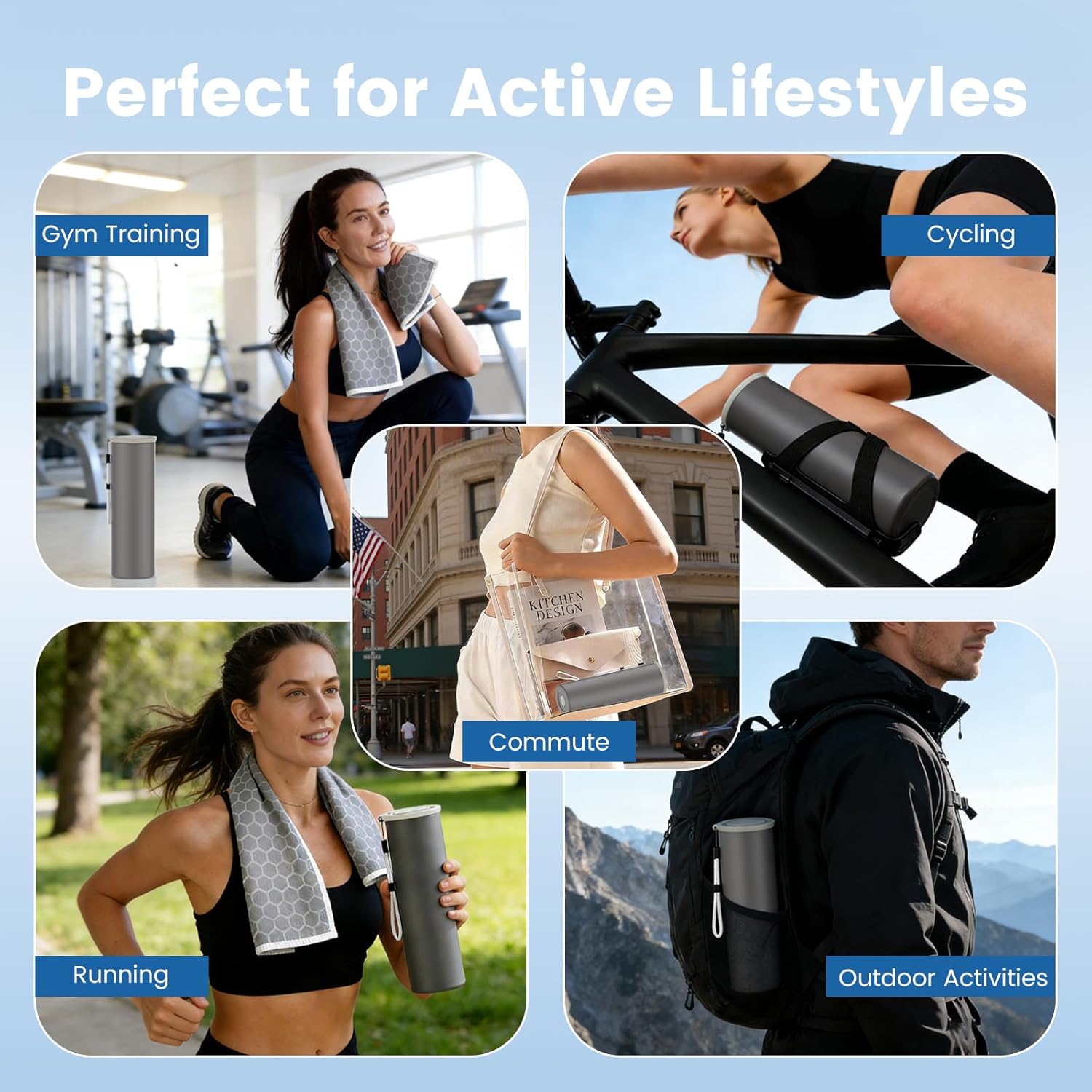 COOLING STATION 3-in-1 Portable Kit: Insulated Stainless Steel Bottle with Reusable Ice Bag & Cooling Towel. Long-Lasting Cold Relief for Daily Commute, Gym, Sports & Outdoor Travel. (gray)