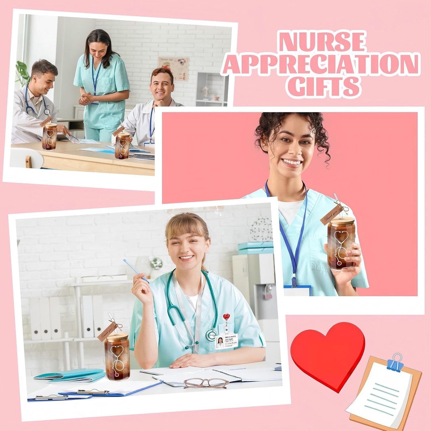 Vesici 24 Pcs Nurse Appreciation Gifts for Women Bulk Nurse Week Practitioner Graduation Gifts 16 oz Can Shaped Glass Cup with Lid and Straw Sock Thank You Tag Badge Reel Holder