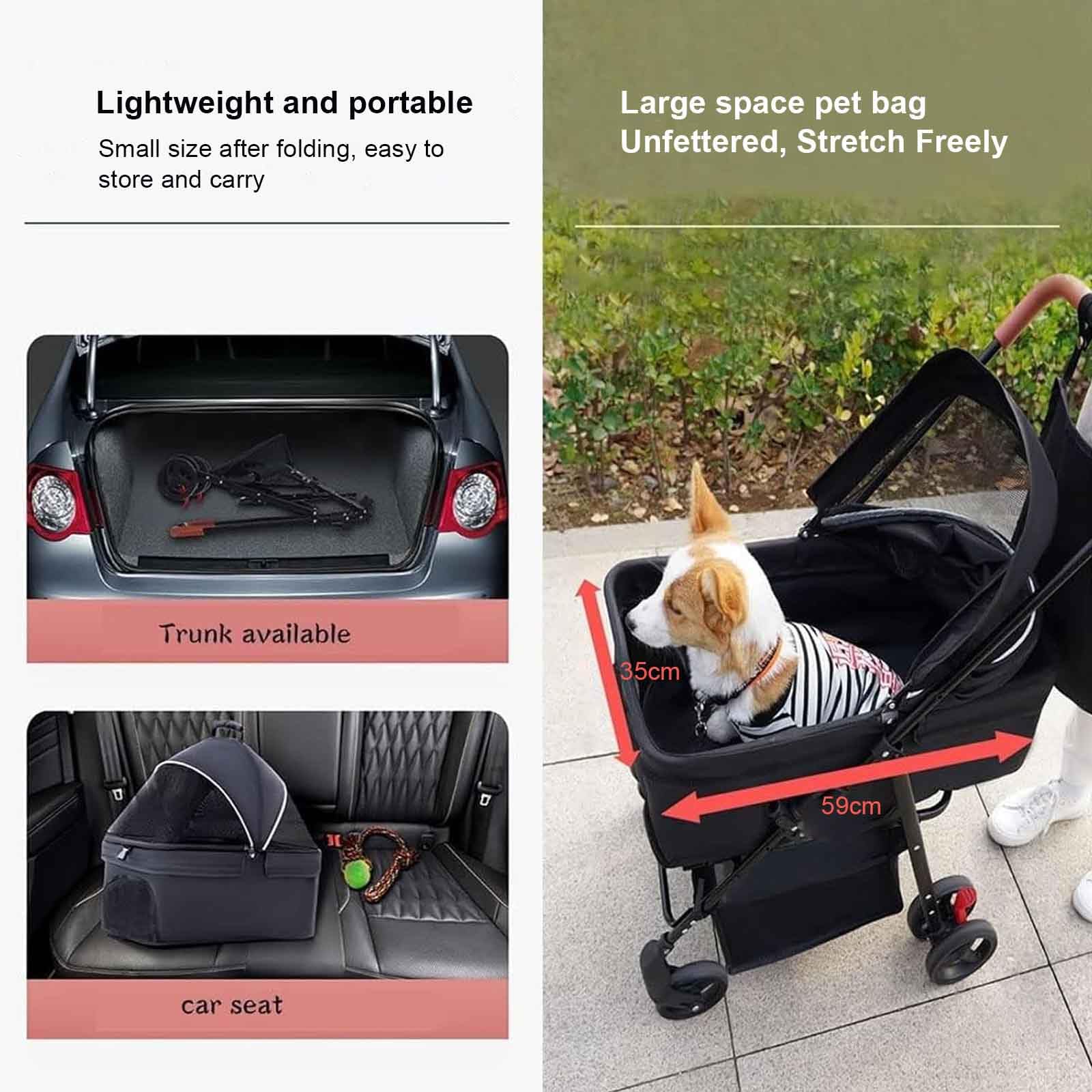 Passeggino per Cani Pieghevole 2 in 1, Passeggino Cane, Passeggino da Viaggio per Animali Domestici Cane Gatto, con Cestello Portaoggetti,Rosa