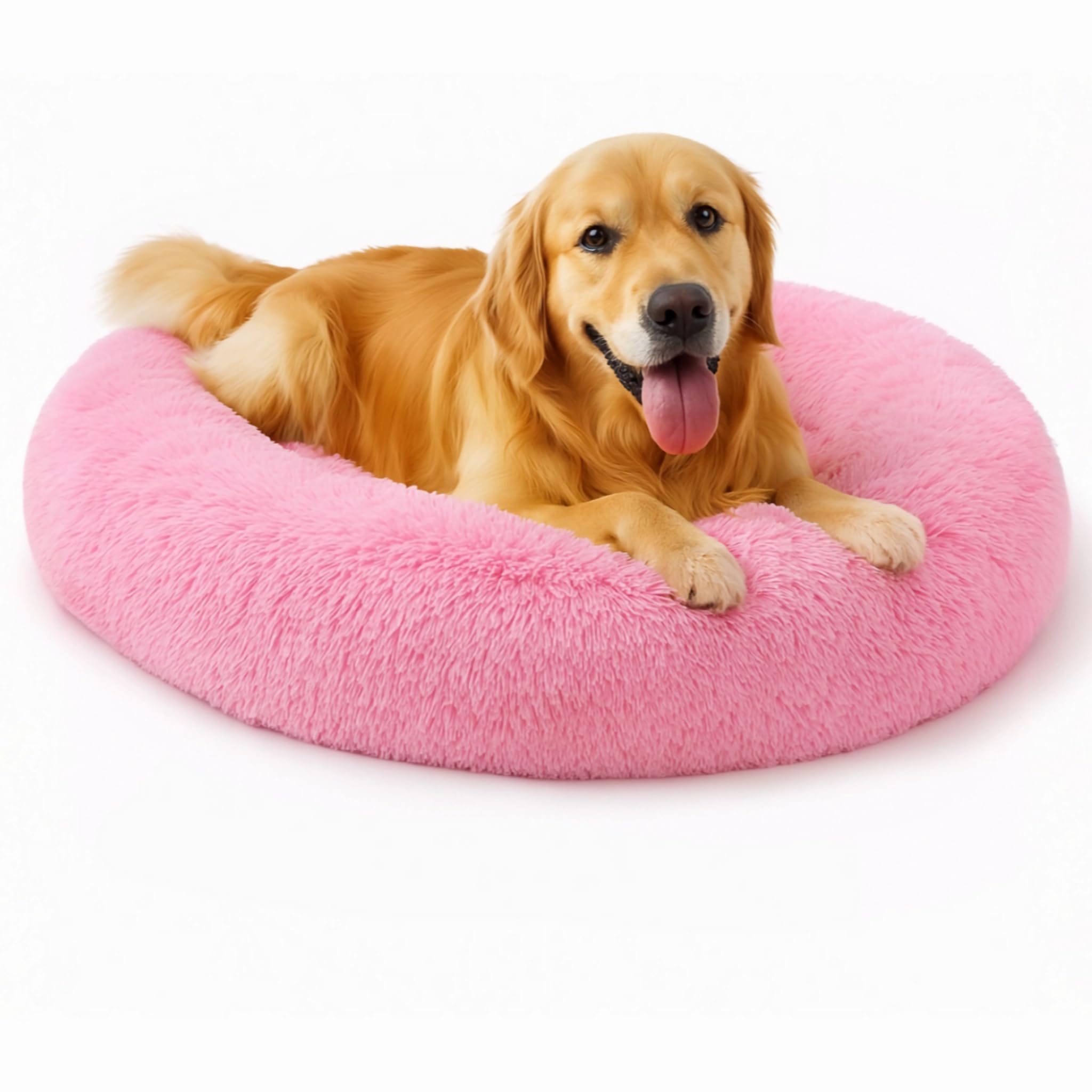 SEOUGEE Calming Donut Dog Bed, Fluffy Plush Round Cat Bed, Cosy Soft Washable Cushion Self-Warming Pet Beds Non-Slip Bottom, Indoor Sleeping Cuddler Nest for Medium Large Dogs (Light Pink 100cm)