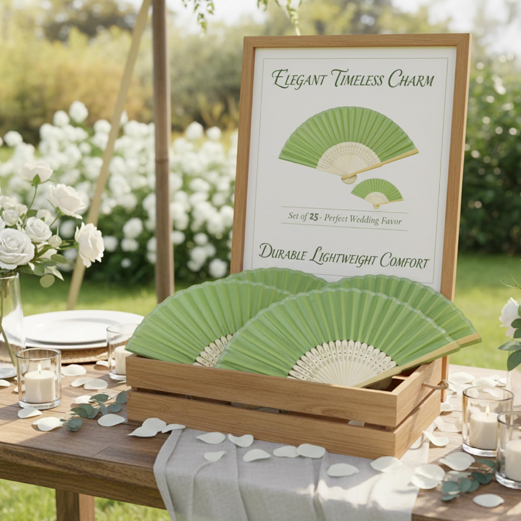 25er-Pack Faltbare Handfächer, Bambus-Seiden-Hochzeitsfächer für Gäste, tragbare 15-Zoll-dekorative chinesische Fächer für Partygeschenke und Heimdekoration, grün
