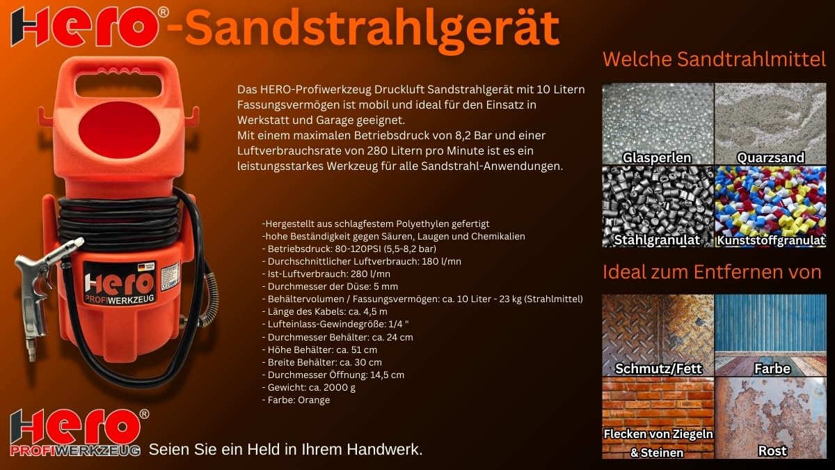 HERO Sandstrahler Druckluft 10L – Mobiles Sandstrahlgerät mit Strahlpistole für Rostentfernung, Reinigung & Oberflächenbearbeitung